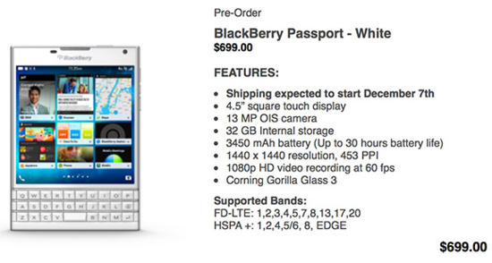 白色版黑莓Passport接受预定 比黑色版贵
